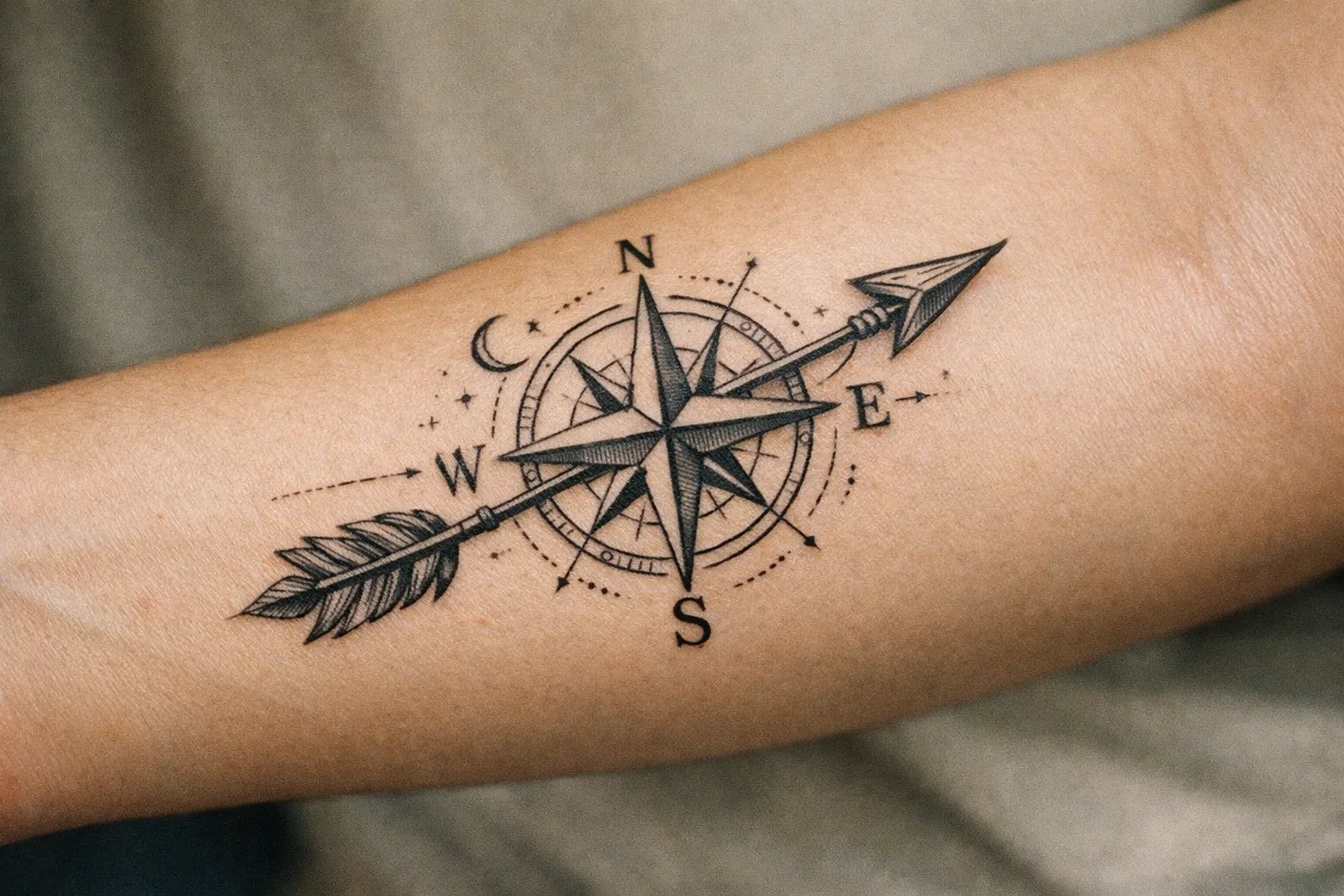 Forearm compass-arrow Sagittarius tattoo