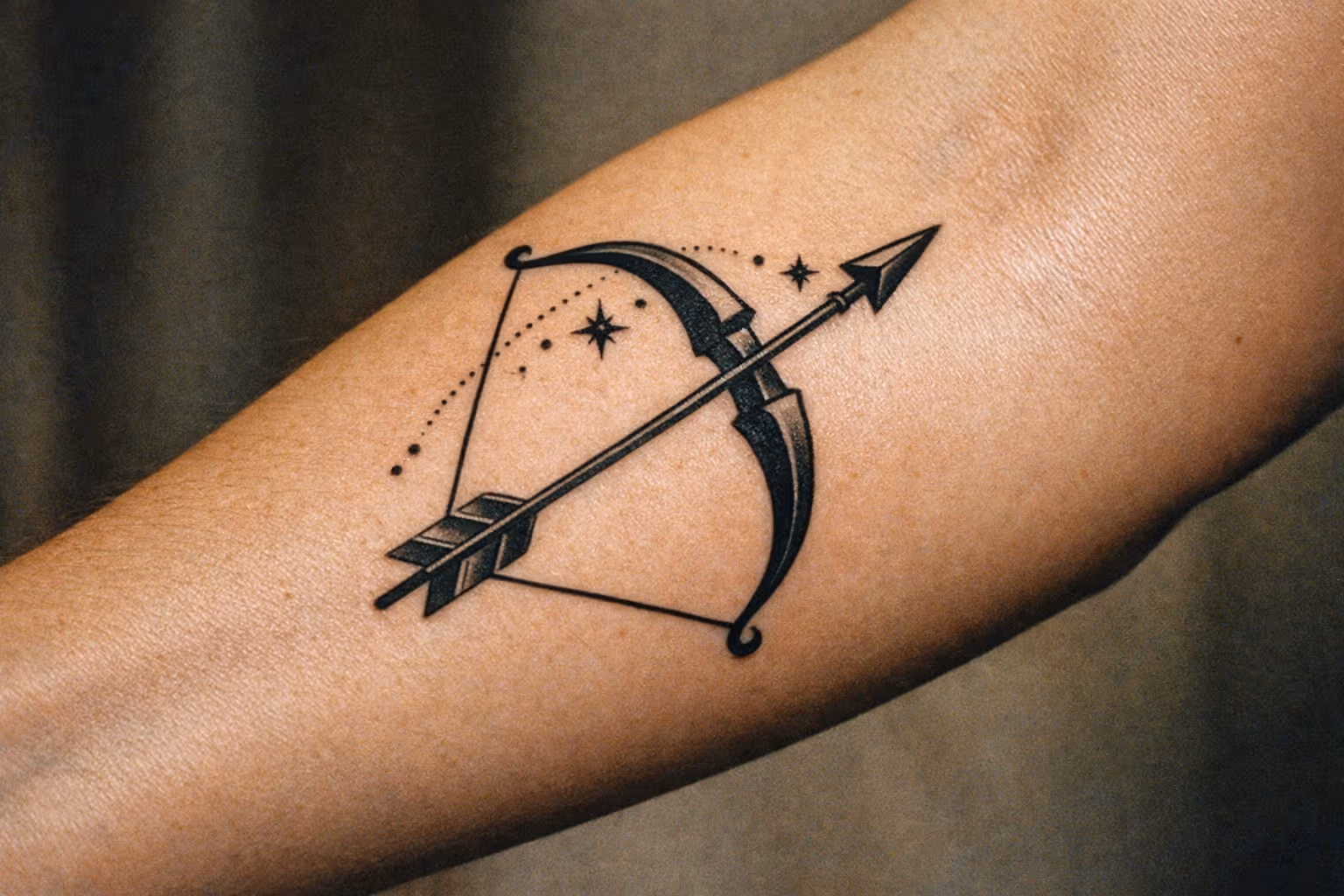 Editorial close-up of a forearm tattoo featuring a Sagittarius-inspired design with a bow and celestial accents