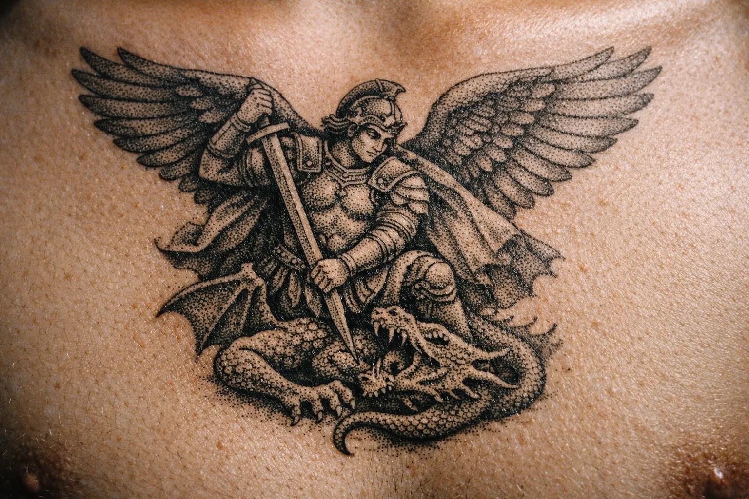 A detailed tattoo of Saint Michael defeating a dragon is centered on a person's chest.