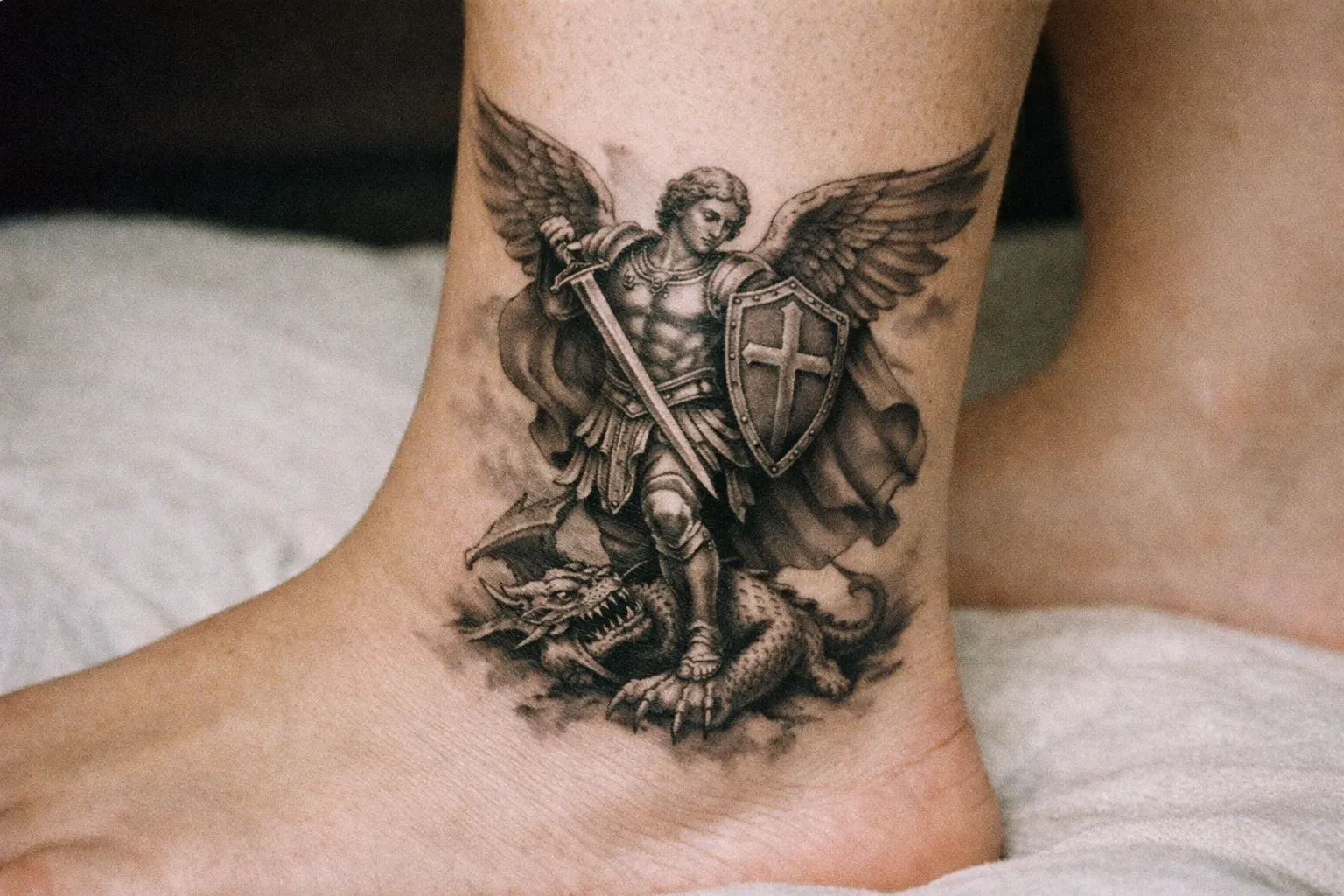 A detailed Saint Michael tattoo is shown on a person's ankle, depicting the angel defeating a dragon.