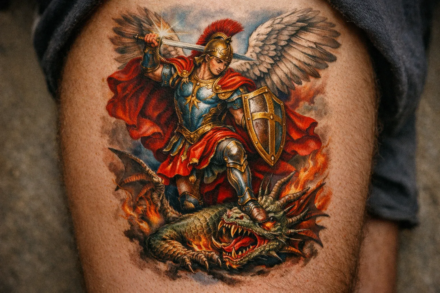 A detailed Saint Michael tattoo showing the angel defeating a dragon on a person's thigh.