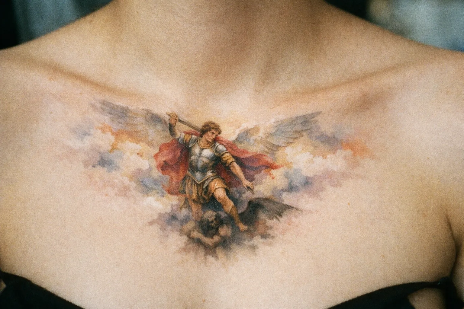 A detailed Saint Michael tattoo spans the chest of a person wearing a black top.