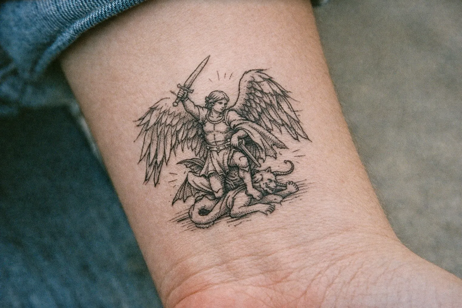 A tattoo of Saint Michael defeating a beast is shown on a person's forearm.