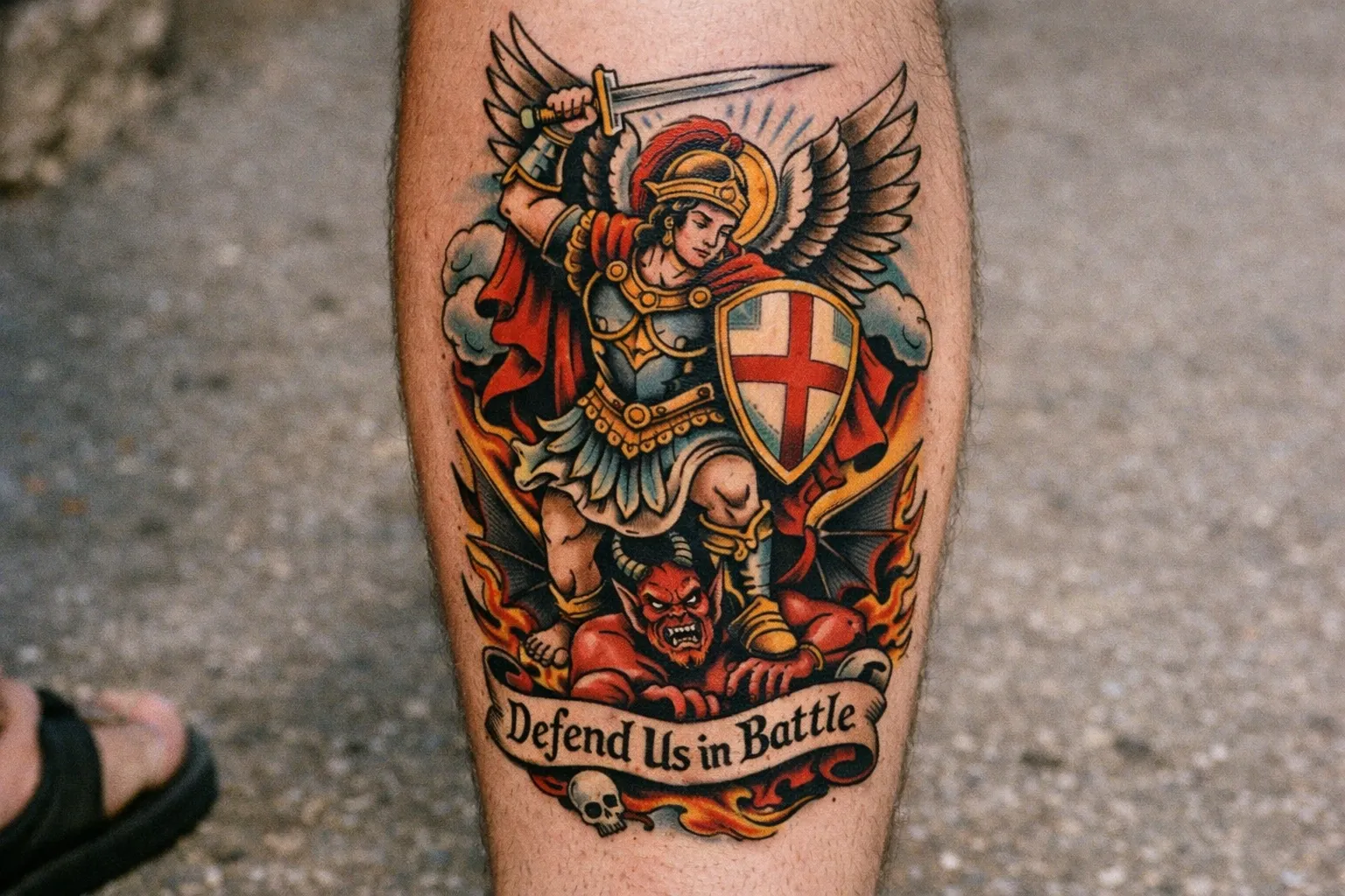 A Saint Michael tattoo with sword and shield is shown on a person's calf outdoors.