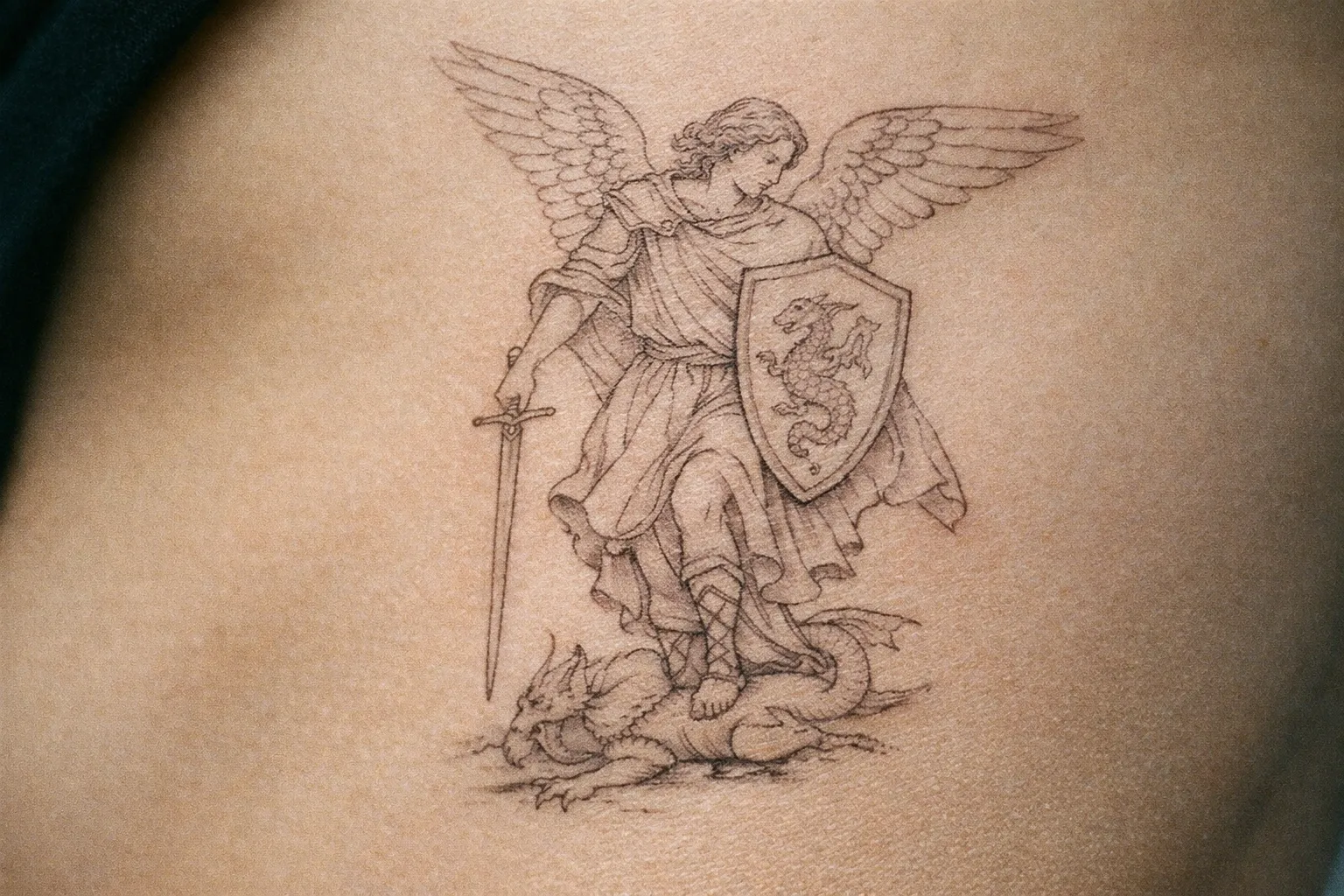 A fine line tattoo of Saint Michael with wings, sword, and shield is inked on a person's skin.