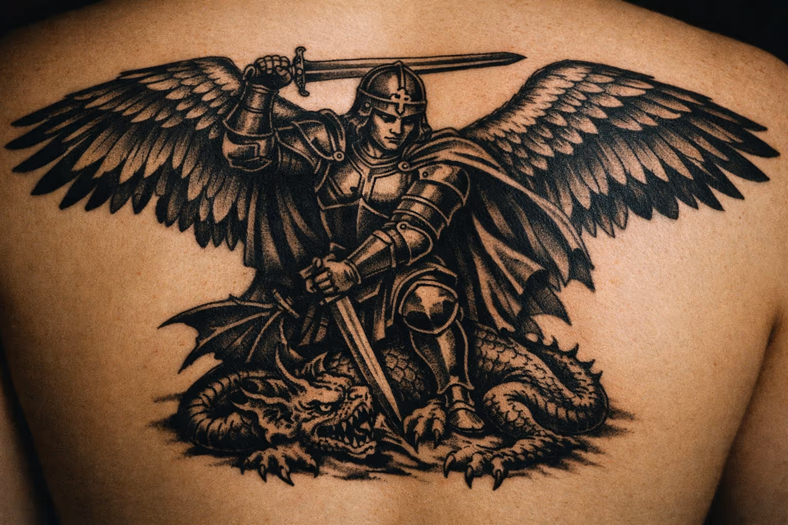 Large tattoo of Saint Michael with wings and a sword defeating a dragon on a person's back.