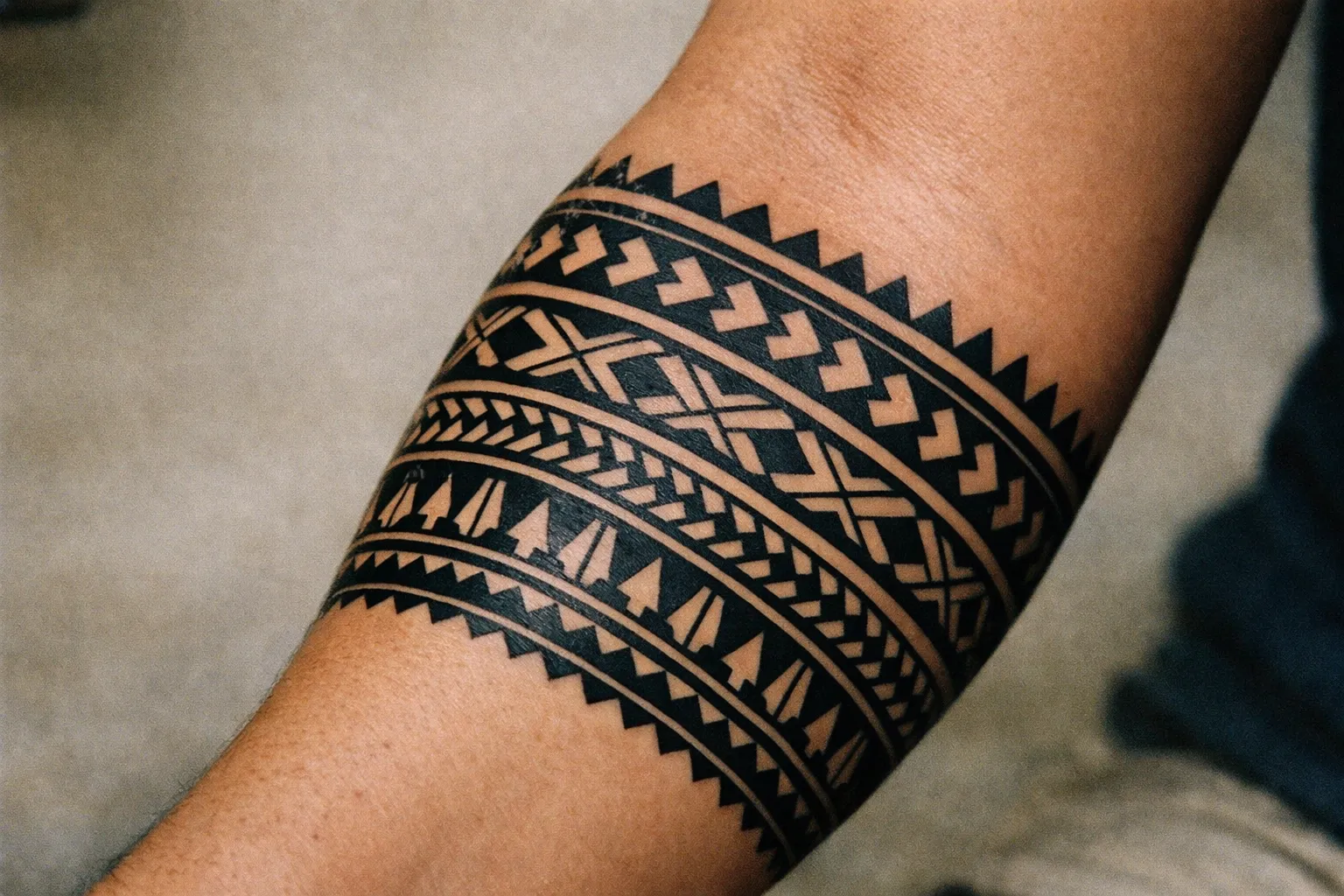 Close-up forearm with bold Samoan tatau patterns highlighting cultural motifs