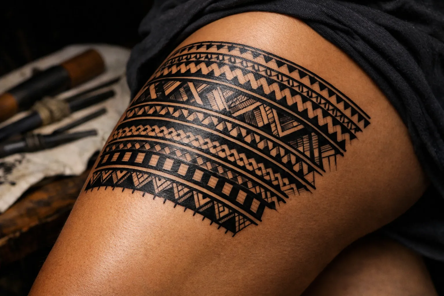 A person's thigh with a bold Samoan tribal tattoo next to traditional tattooing tools.