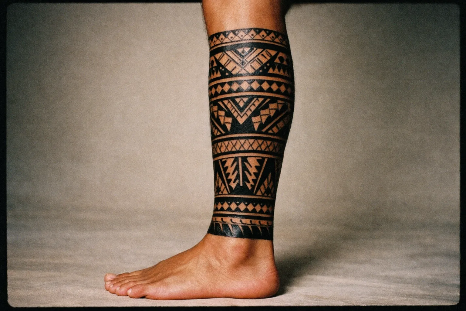 Calf tattoo with a full-leg design from ankle to knee in bold black Samoan motifs
