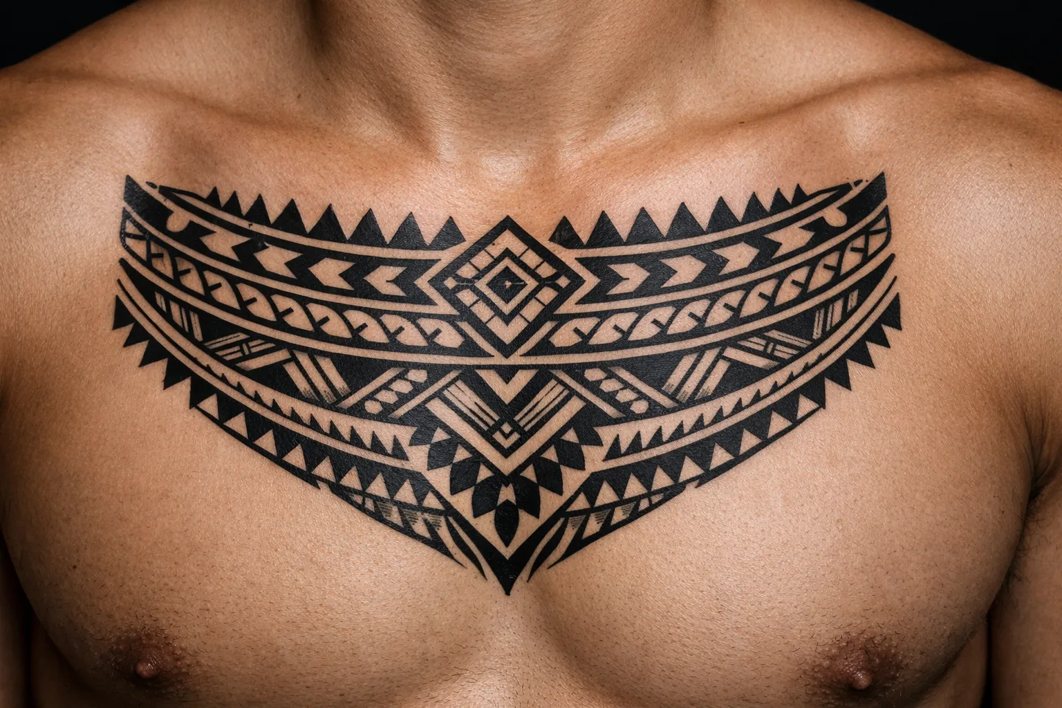 A person with a large Samoan tribal tattoo across their chest.