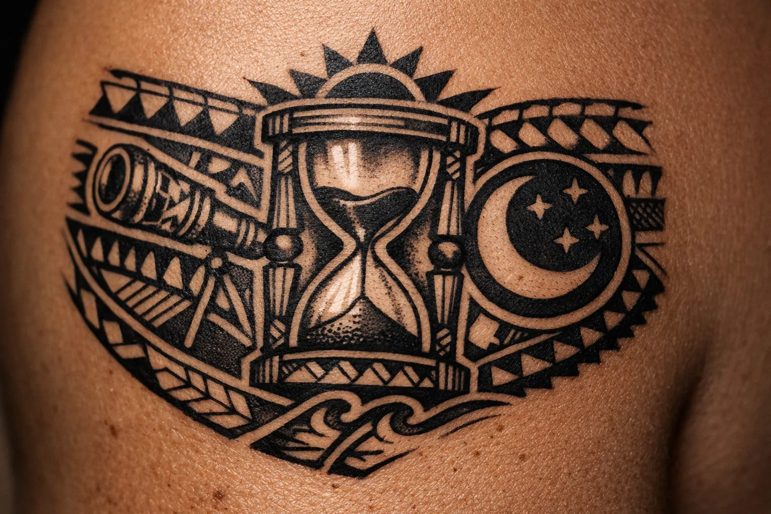 A Samoan-style tattoo featuring an hourglass, telescope, and crescent moon on a person's shoulder.