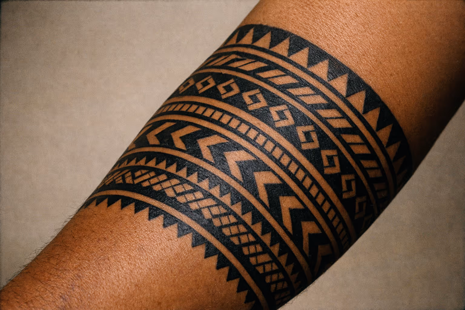 Editorial close-up of a Samoan tattoo on forearm, bold black geometric patterns