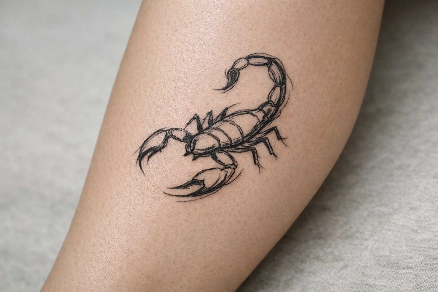 A black scorpion tattoo on a person's leg.