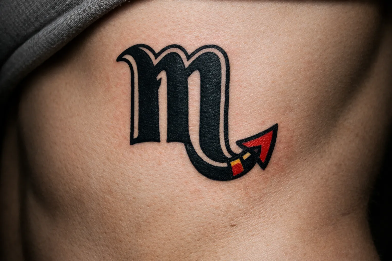 A scorpio zodiac symbol tattoo with a red-tipped tail on a person's side.