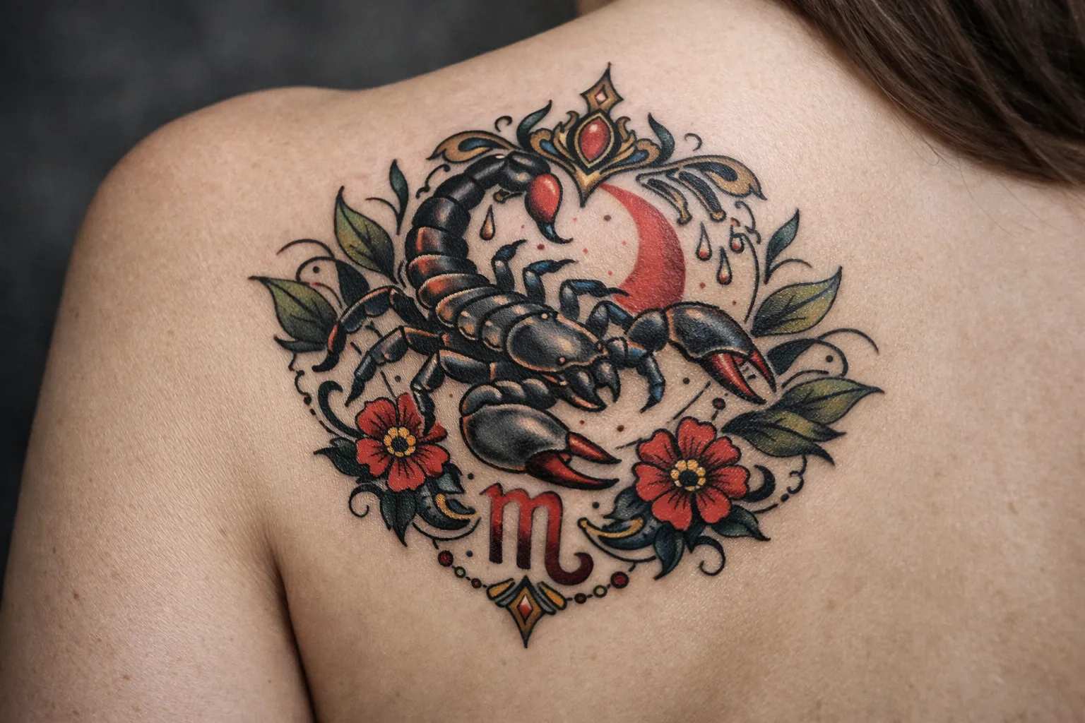 A person shows a large scorpion tattoo with flowers and the Scorpio symbol on their upper back.