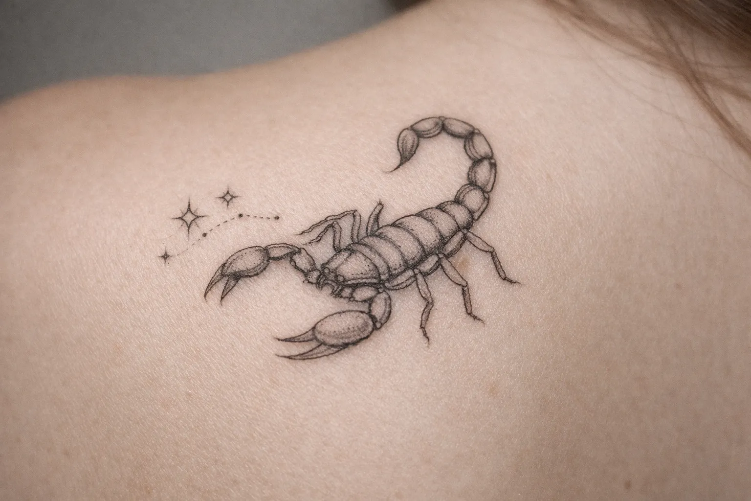 A scorpion tattoo with stars is inked on a person's upper back.