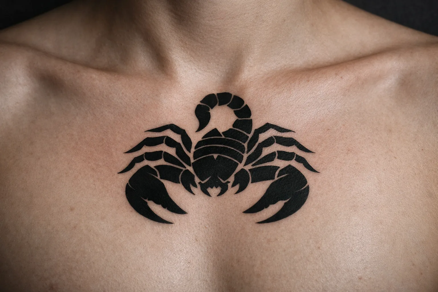 A large black scorpion tattoo is centered on a person's upper chest below the collarbones.