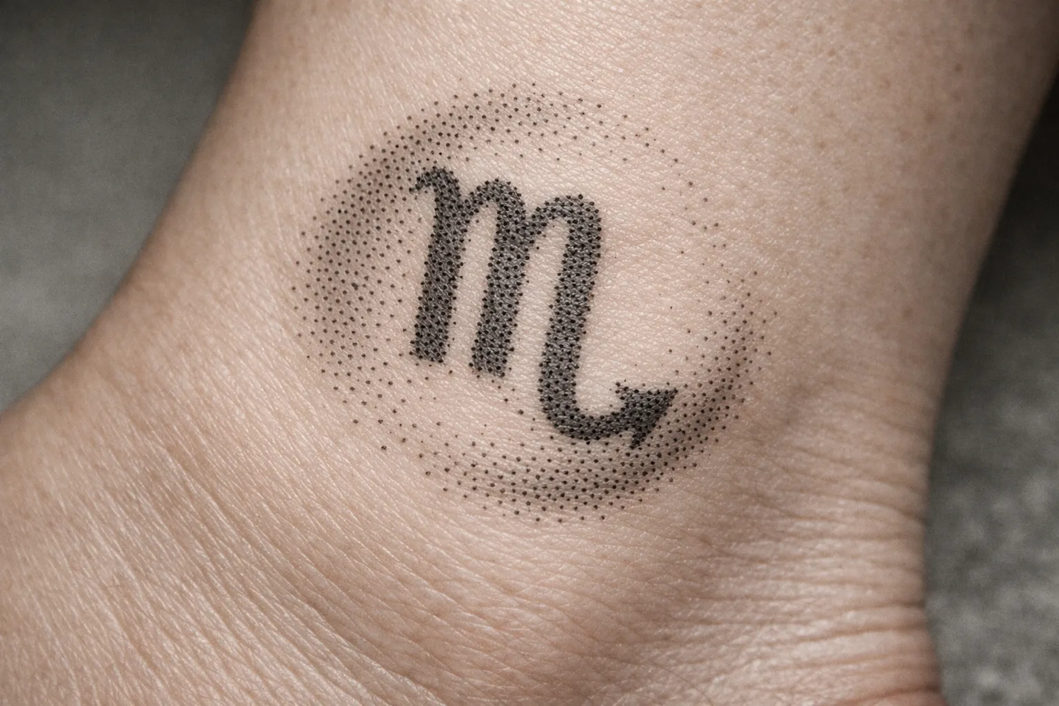 A Scorpio zodiac symbol tattoo is inked on the side of a person's foot.