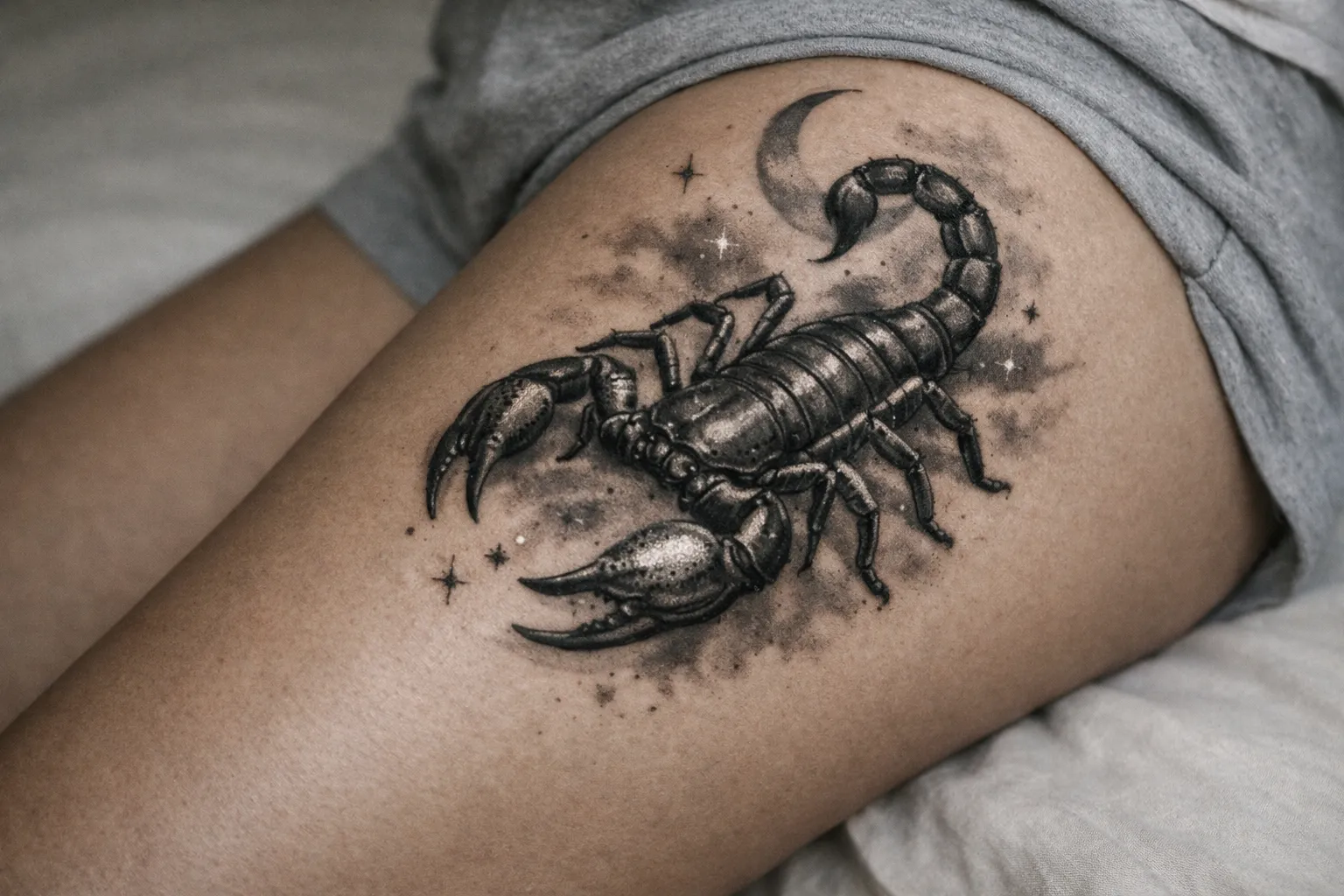 A realistic scorpion tattoo is shown on a person's upper thigh.