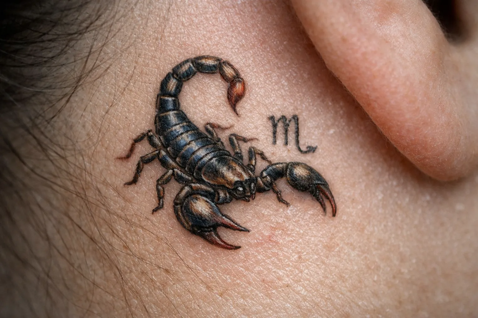 A scorpion tattoo and Scorpio symbol are inked behind a person's ear.