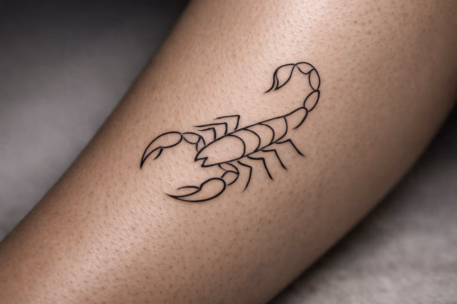 A simple scorpion tattoo on a person's leg.