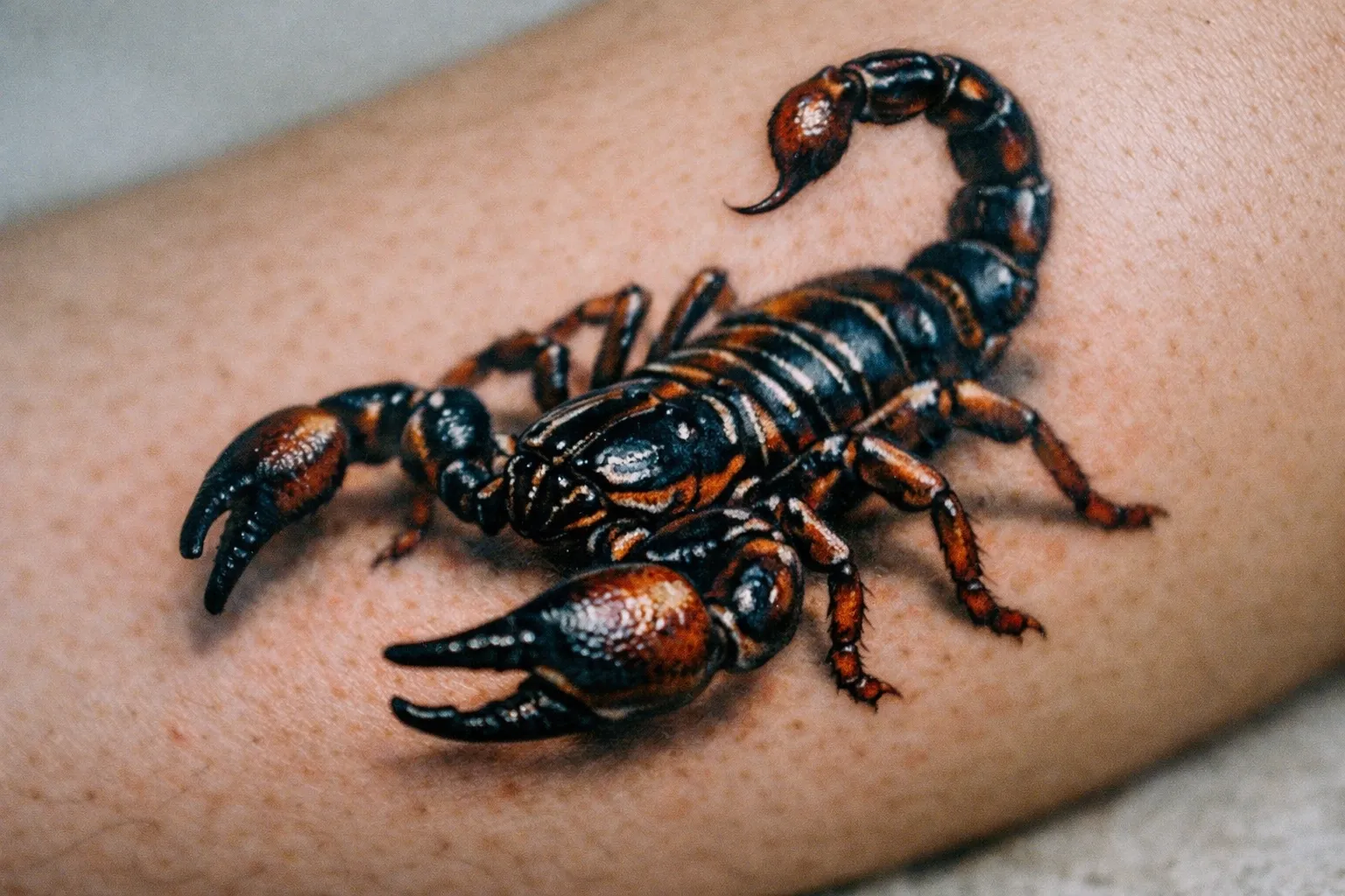 A realistic scorpion tattoo is inked on a person's arm.