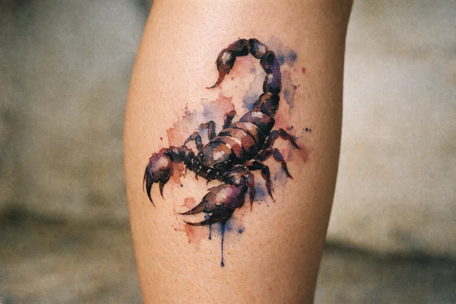 A watercolor-style scorpion tattoo is shown on a person's calf in closeup.