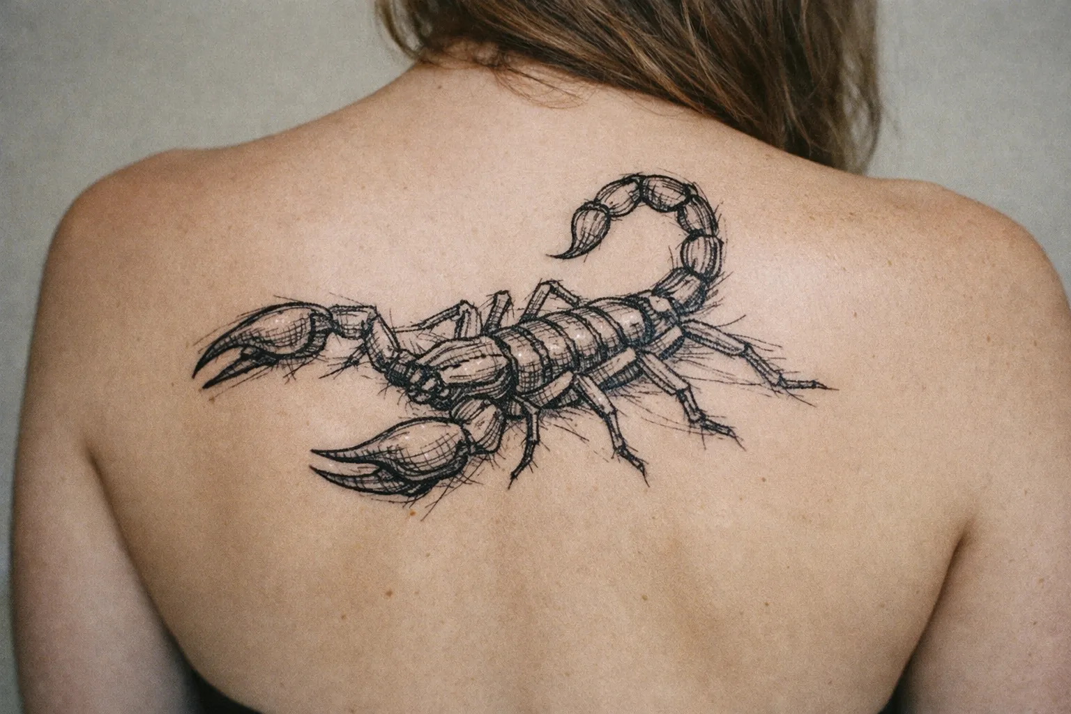 A large scorpion tattoo is inked across a woman's upper back.