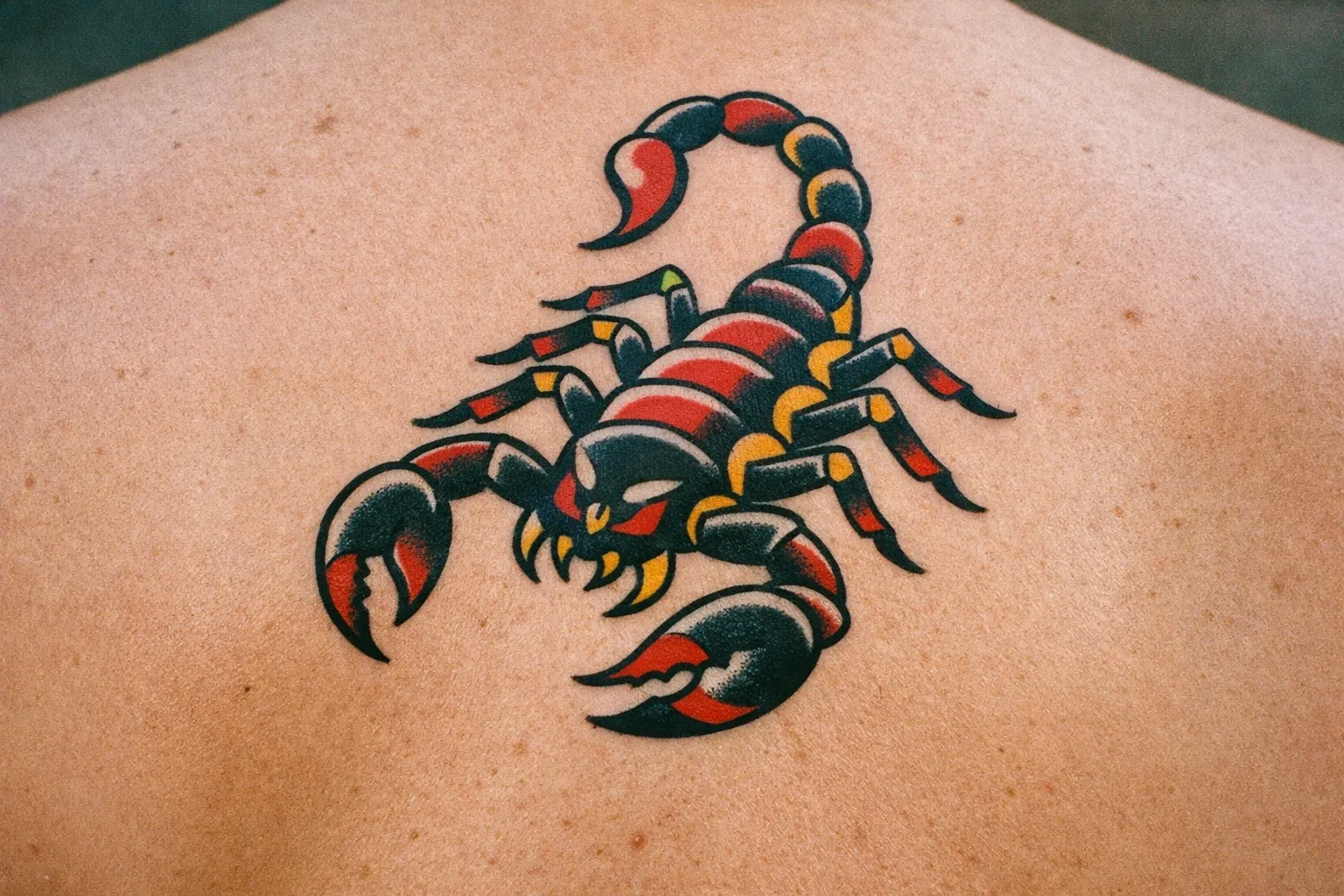A colorful scorpion tattoo on a person's upper back.