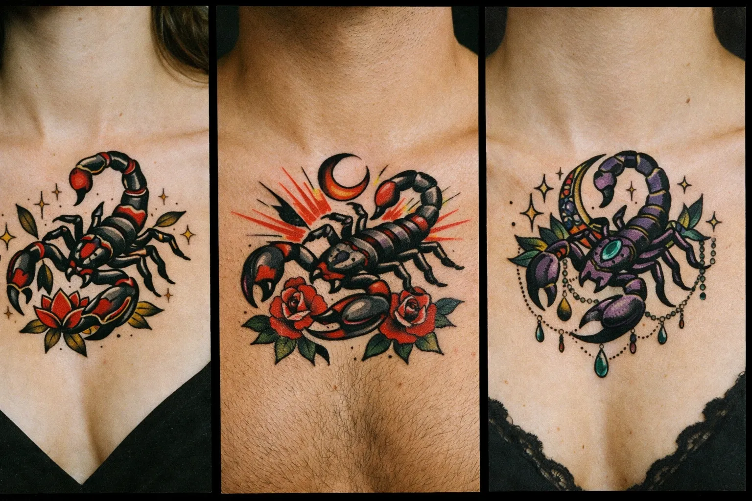 Three people display colorful scorpion tattoos on their upper chests.