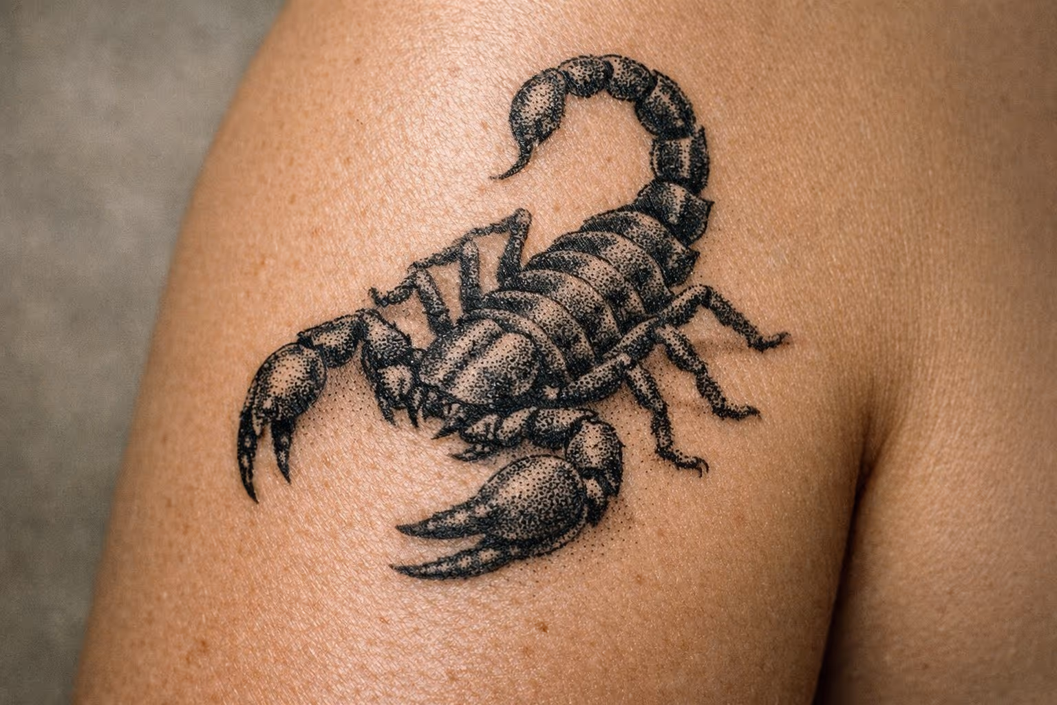 A detailed black scorpion tattoo on a person's upper arm.