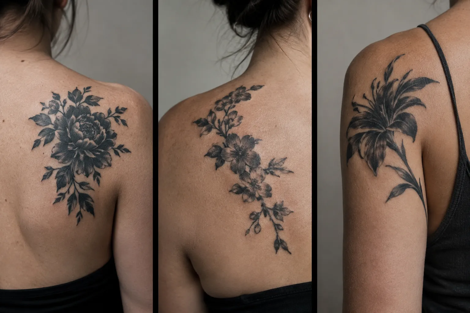 People show floral tattoos across their upper backs and arms.