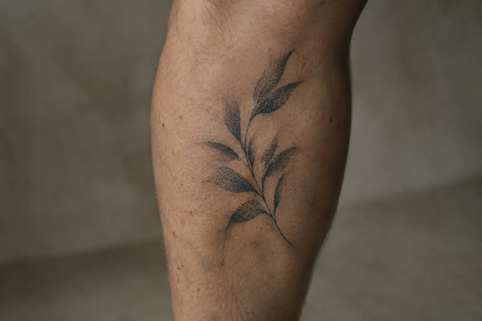 A leafy black tattoo on a person's calf.