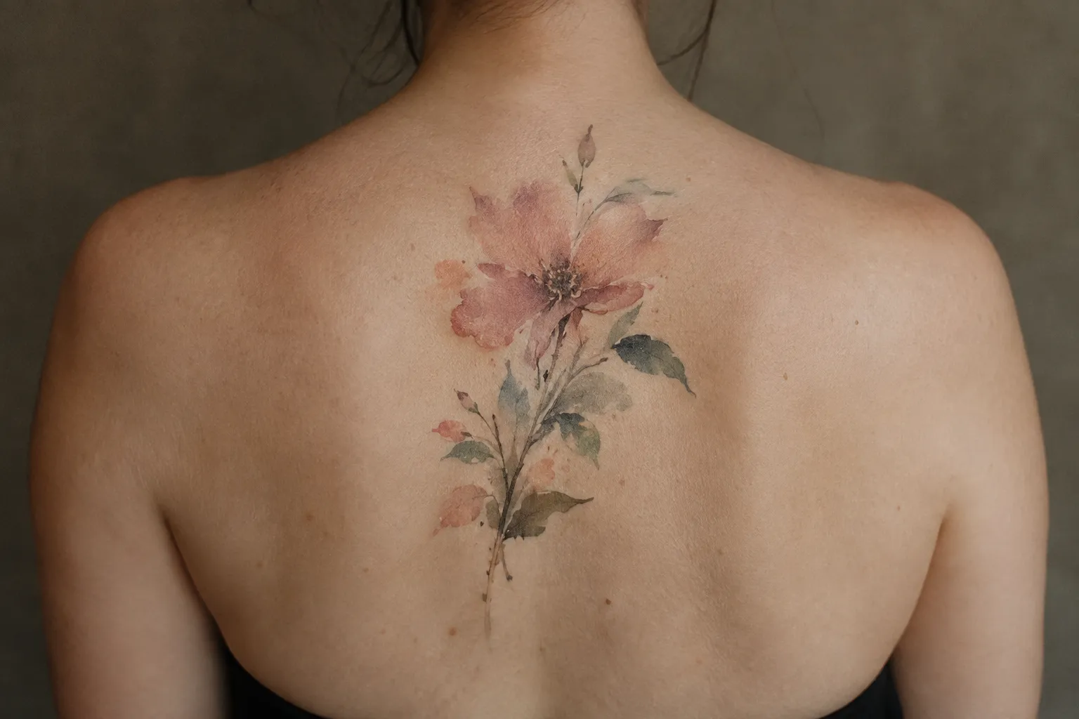 A person shows a watercolor flower tattoo on their upper back.