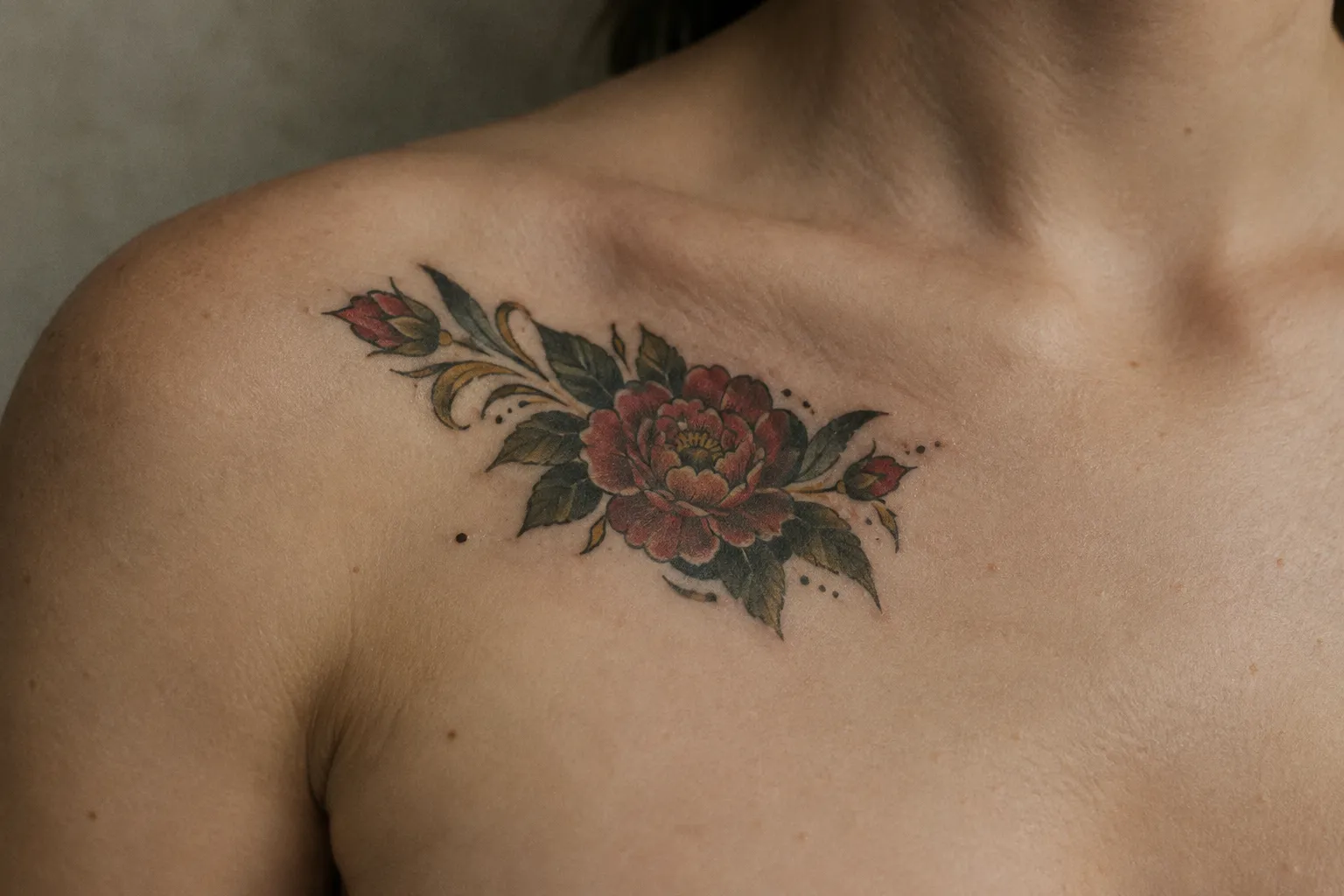 A red floral tattoo sits across a person's upper chest near the shoulder.