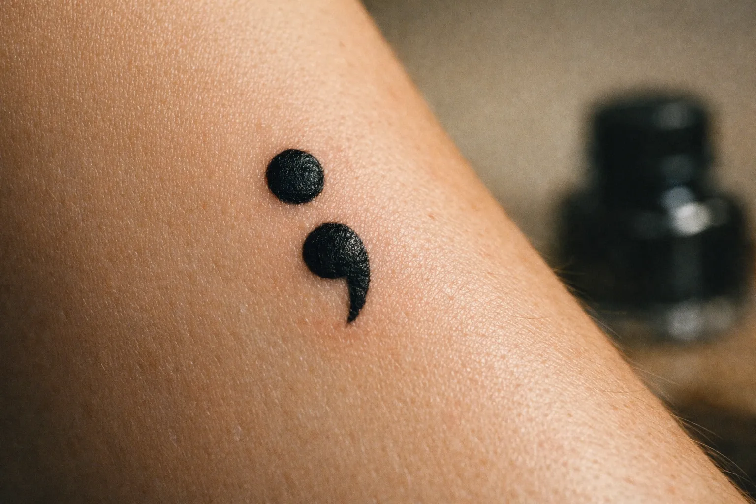 Close-up of semicolon tattoo on inner forearm with warm studio lighting, showing crisp linework and skin texture