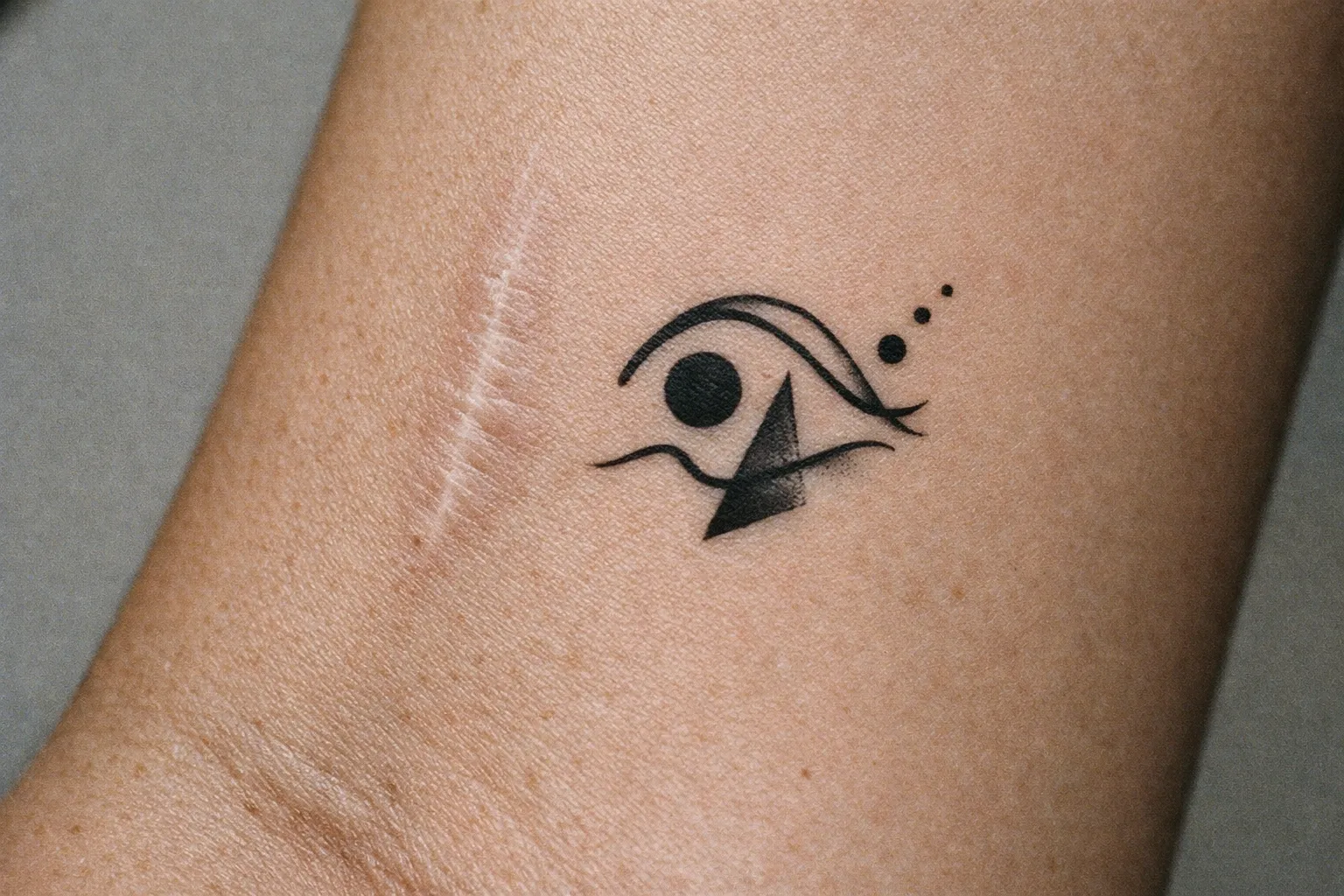 Forearm tattoo near a faint scar showing how ink sits with irregular skin.