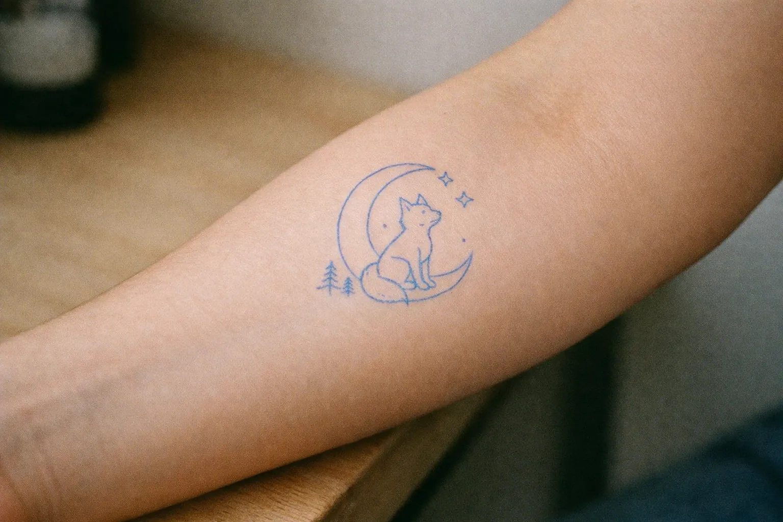 Forearm with a light blue stencil outline prepped for tattoo, showing planning stage.
