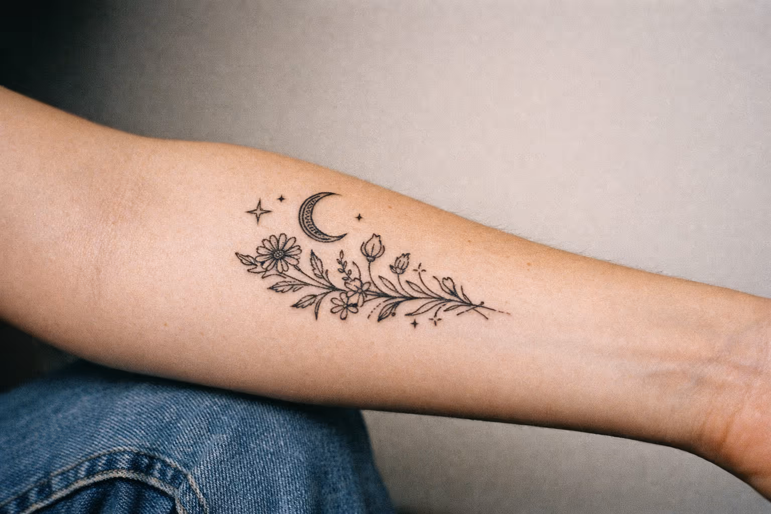 Editorial close-up of a forearm with a single healed tattoo, illustrating sensitive-skin guidelines