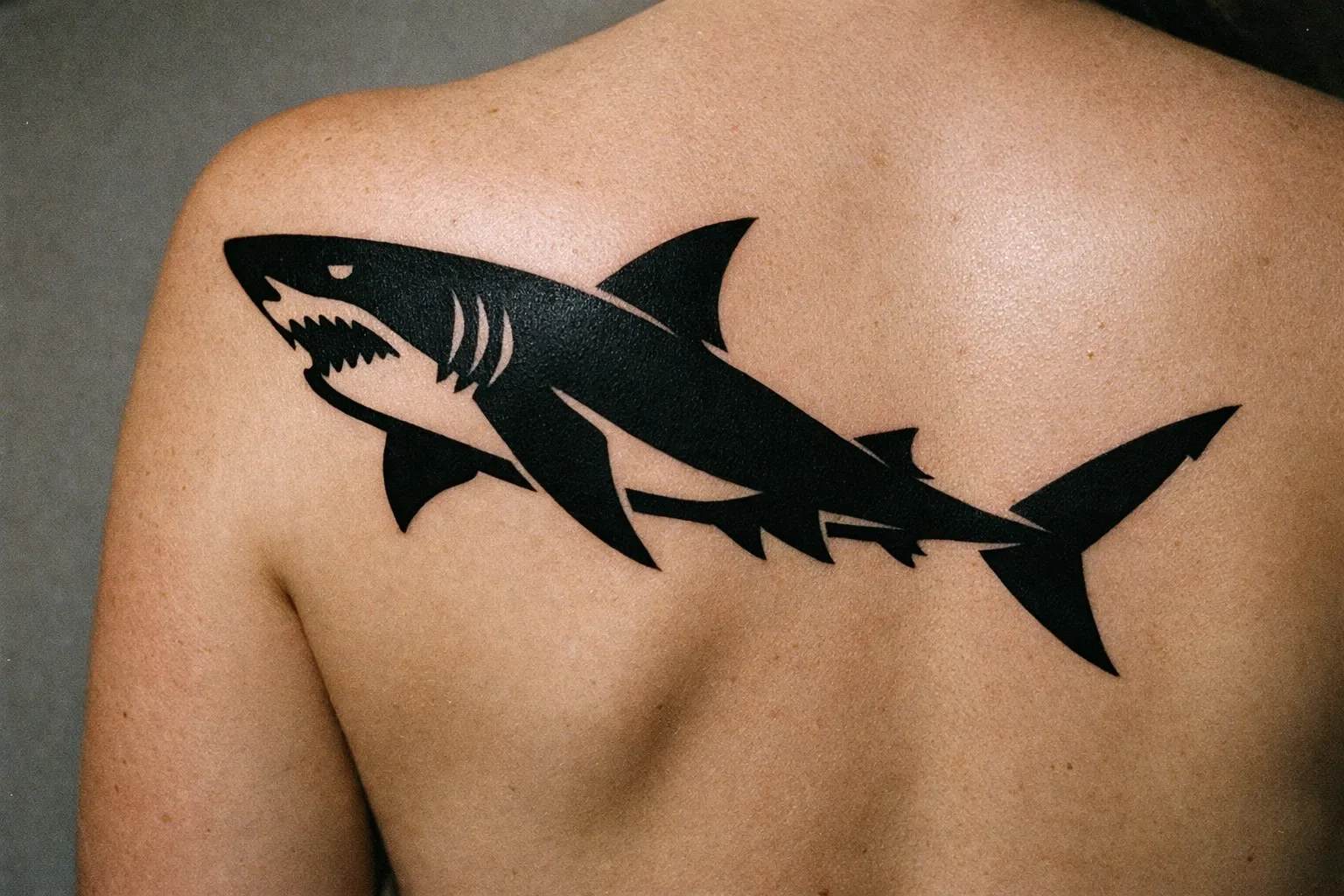A person with a large black shark tattoo across their upper back.