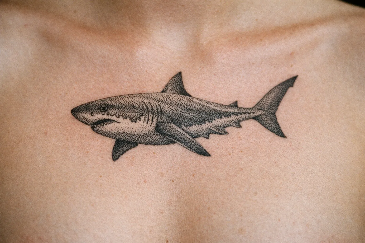 A shark tattoo is inked on a person's upper chest just below the collarbones.