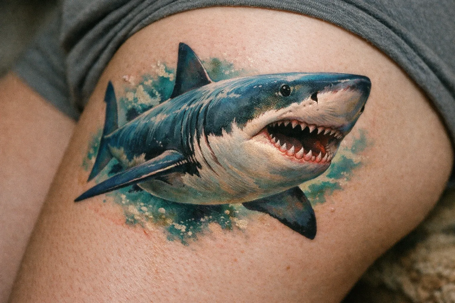 A detailed shark tattoo is inked on a person's thigh.