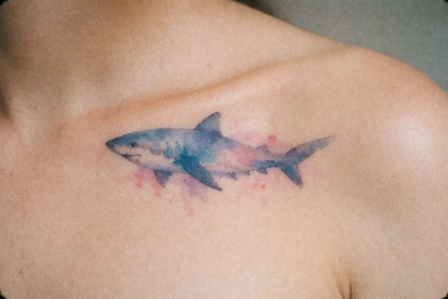 A colorful shark tattoo is shown on a person's upper chest near the collarbone.