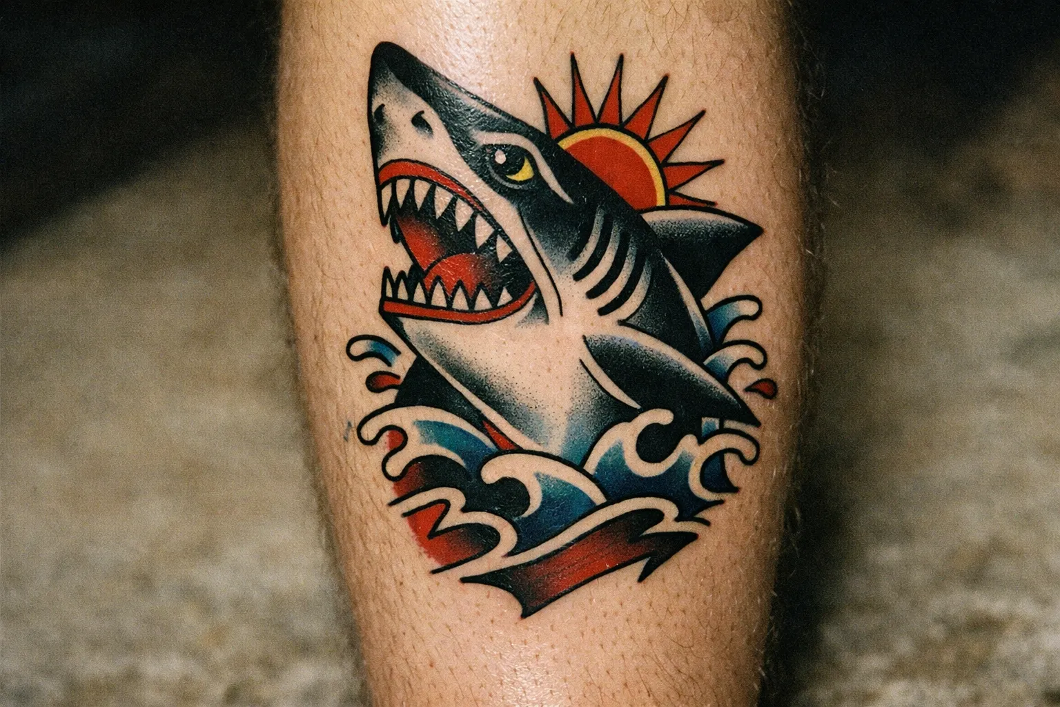 A colorful shark tattoo is inked on a person's calf.