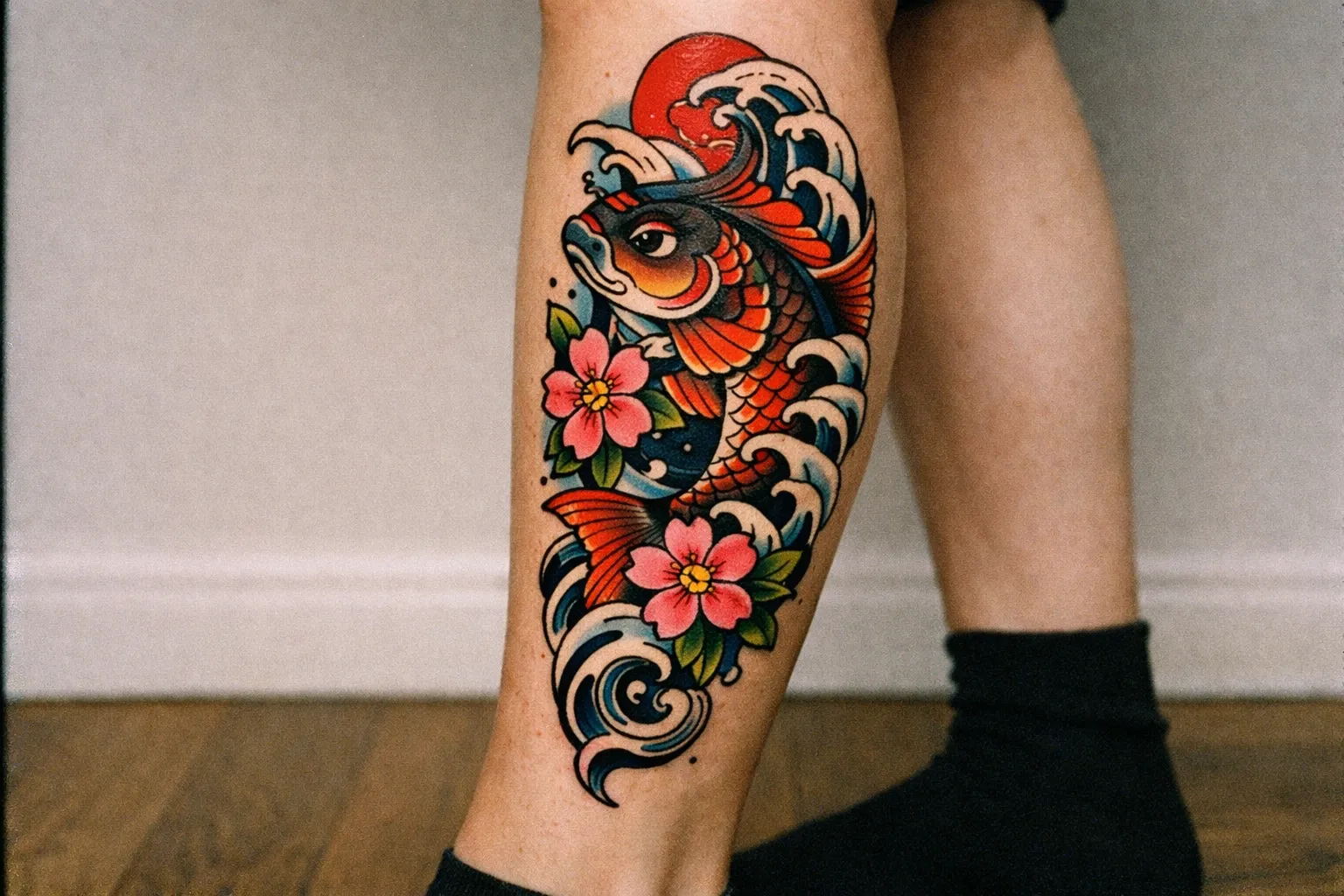 A person's lower leg with a colorful koi fish and floral tattoo displayed indoors.