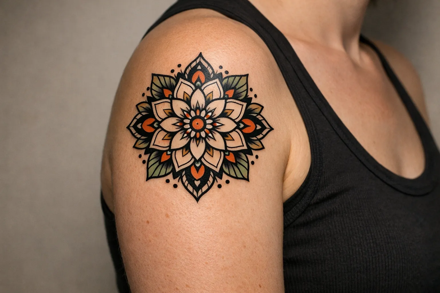 A person wearing a tank top with a large mandala tattoo on their upper shoulder.