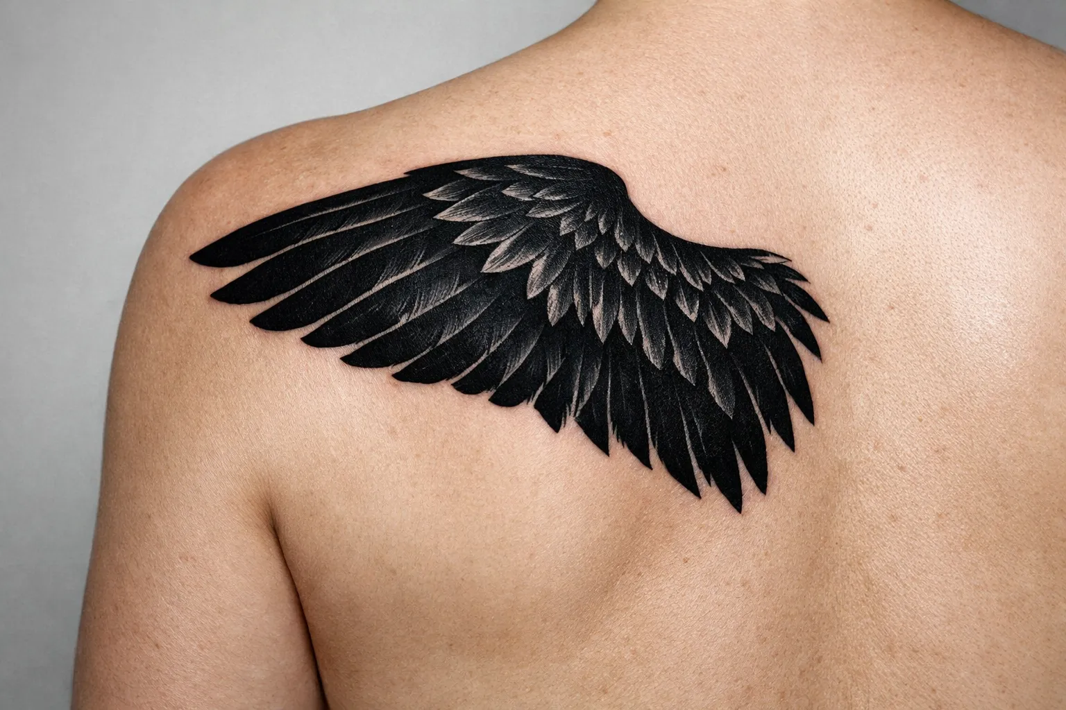 A person displays a large black wing tattoo across the upper back and shoulder.