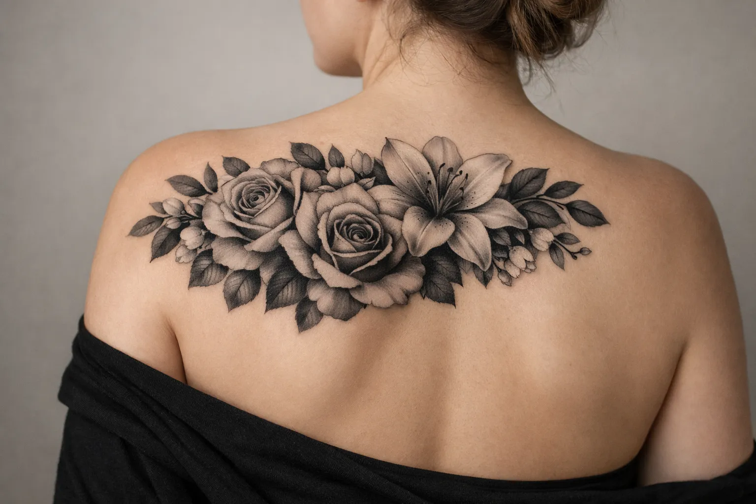 A person with a large floral tattoo on their upper back and shoulder.