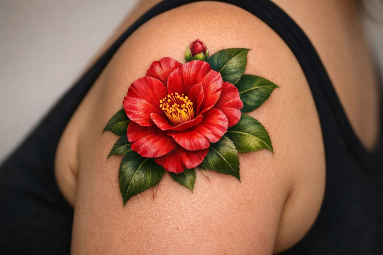 A person with a realistic red flower tattoo on their shoulder.