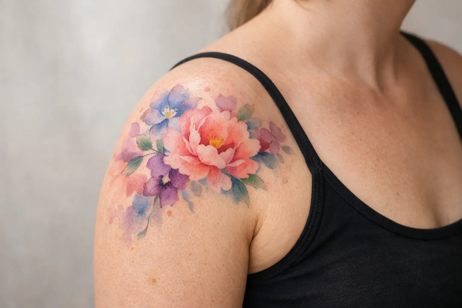 A person wearing a black tank top displays a colorful floral tattoo on their shoulder.